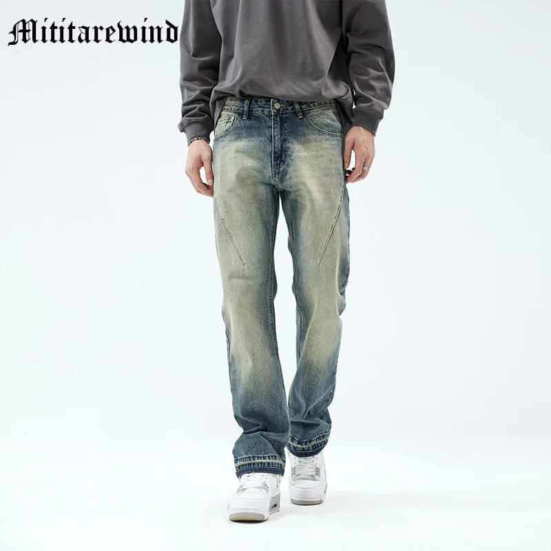 

American Fashion Vintage Men's Straight Cut Spliced Design Full Length Jeans Male Denim Retro Y2k High Street Daily Trousers