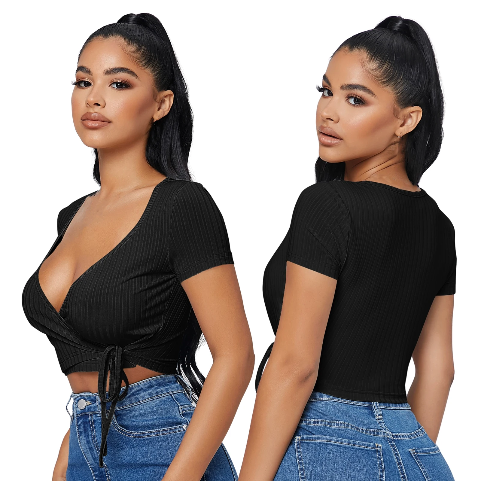 

Ribbed Knit Crop Top Tank Cute Tank Top For Women Long Sleeves Neck Knot Side Top Easy To Match Casual Must-have For Work Sports