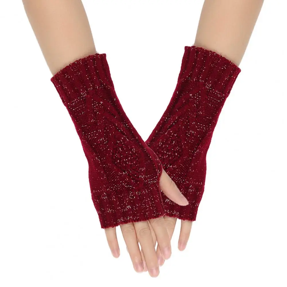 

Knitted Winter Gloves Cozy Hand Warmers Stylish Faux Silk Rhombus Textured Half Finger Gloves Warm Stretchy Fashionable Women's