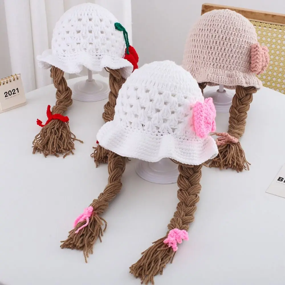Pink Bow Wool Cap Handmade Knitted With Plaits Handmade Braided Earflap Girls Style Braided Design Crochet Hat Caps Photoshoot