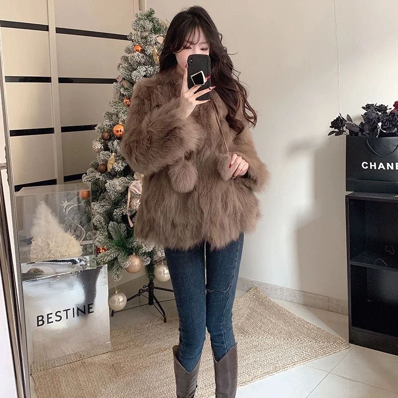 

Female Imitation Fox Fur Grass Fur Short Cardigan 2023 New Toka Autumn Winter Coat Network Red Young Women's Slim Coat Popular