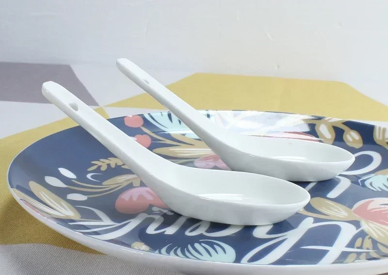 6pcs Set, Plain White Bone China Chinese Rice Scoop Spoon, Ceramic Kis Soup Korean Ice Cream Ladle, Porcelain Dinner Baby
