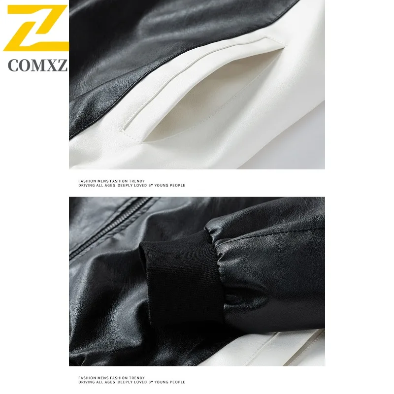 EiAO Jacket Colorblock PU Leather Men Women Stand Collar Biker Coat Waterproof Windproof Oversized Pilot Jacket for Outdoor 2025