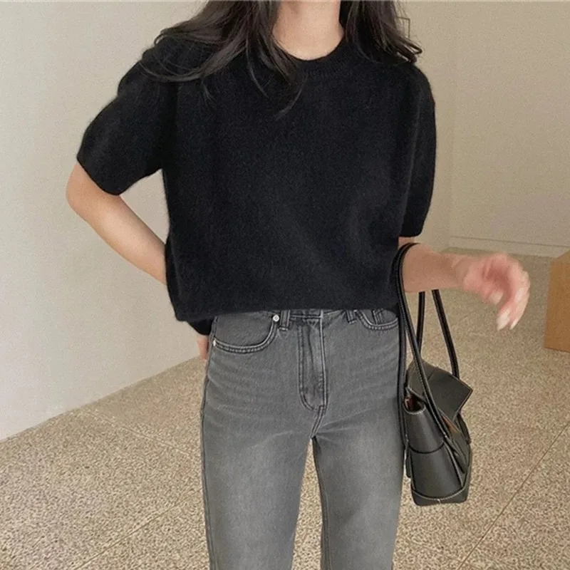 2023 Spring autumn round neck cashmere short sleeve women's half sleeve with wool knitted five-point cuff pullover sweater