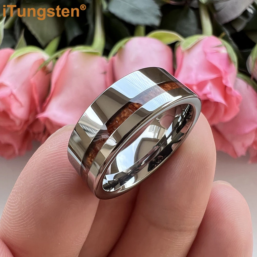 iTungsten 8mm Men Women Classic Tungsten Carbide Ring Flat Wedding Band With Real Wood Inlay Comfort Fit 2