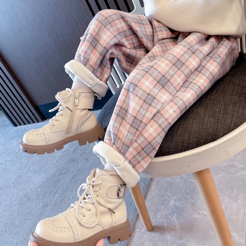 

Girls Woolen Cloth Casual Pants Autumn and Winter 2022 New Children's One-piece Velvet Fashion Plaid Pants Girls Thicken Pants