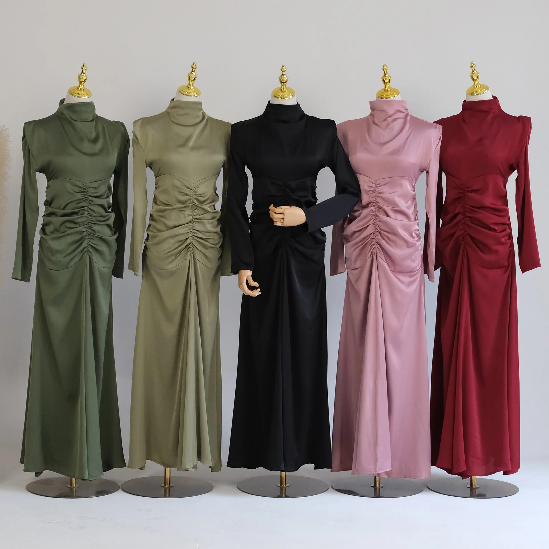 Eid Satin Abaya Dubai Luxury Turkey African Dresses for Women Plain High Collar Pleated Islam Abayas Kaftan Robe Femme Musulmane