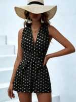 Women's Romper Black Polka Dot Sleeveless Deep V Neck Short Wide Leg Playsuit Casual Spring Summer Beach Vacation Party Jumpsuit