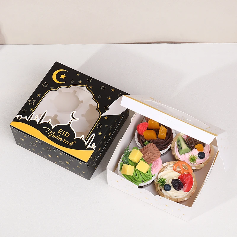 1/4pcs Eid Mubarak Cake Box Ramadan Kareem Muffin Cupcake Packing Boxes 2025 Islamic Muslim Party Decor Supplies Candy Gift Bag
