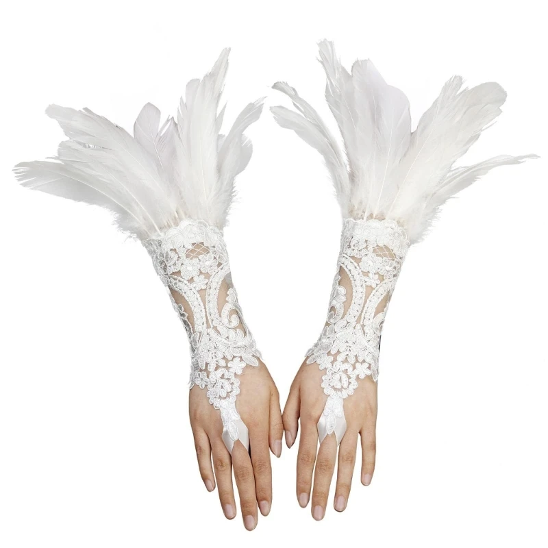 Gothic Feathered Floral Lace Long Gloves Bridal Wedding Gloves with Feather