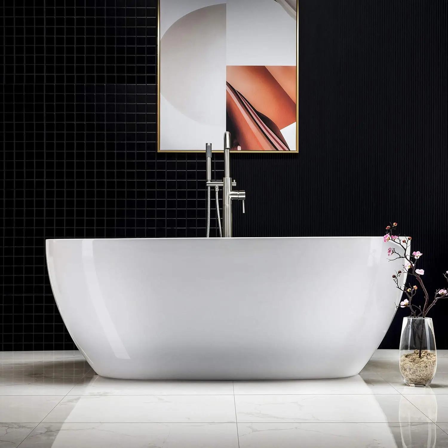 67 inch Acrylic Freestanding Bathtub Contemporary Soaking White Tub with Brushed Nickel Overflow and Drain Easy clean 3