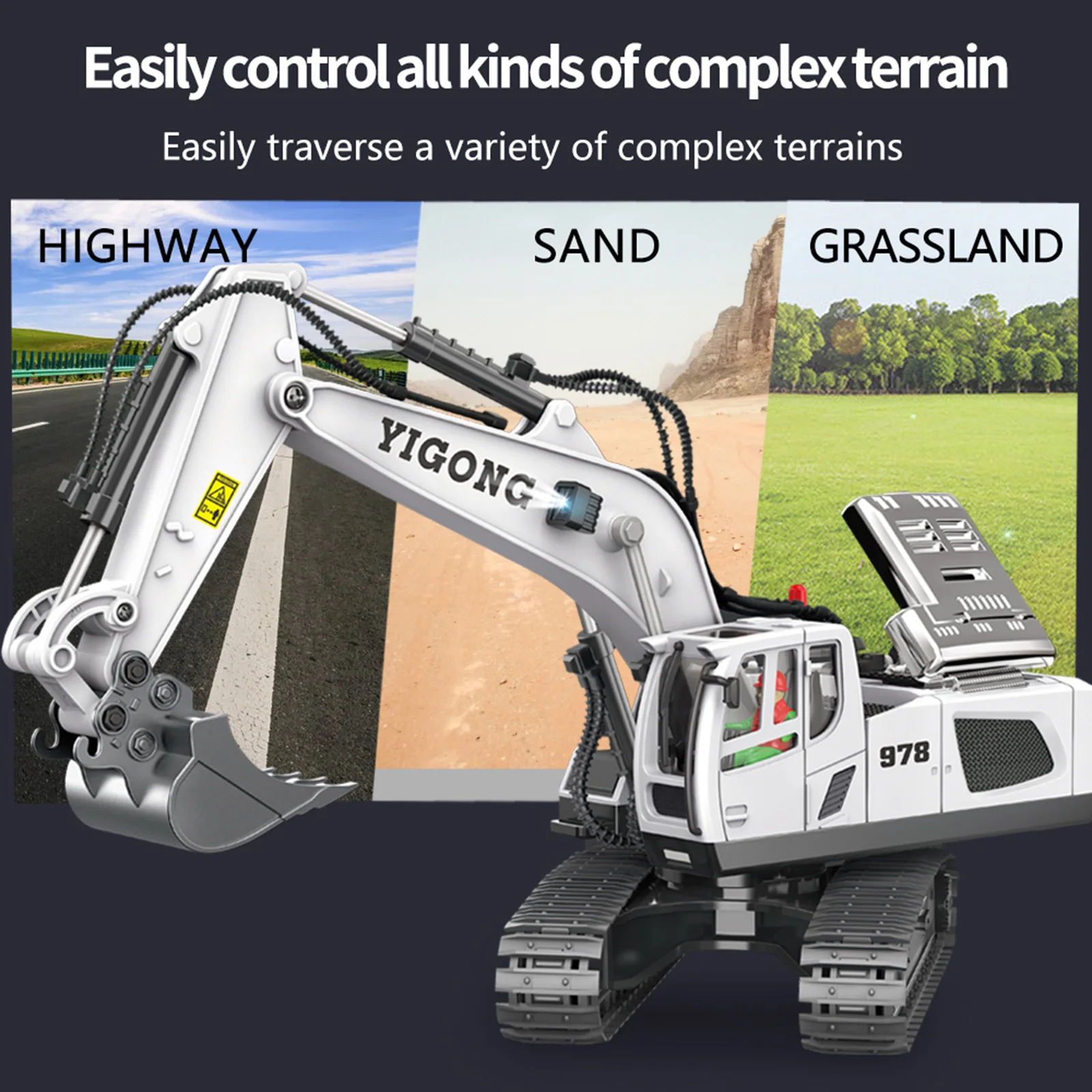 Remote Control Excavator 1/20 11 Channel Diecast RC Digger Tractor with LED Sound USB Rechargeable for Children 3