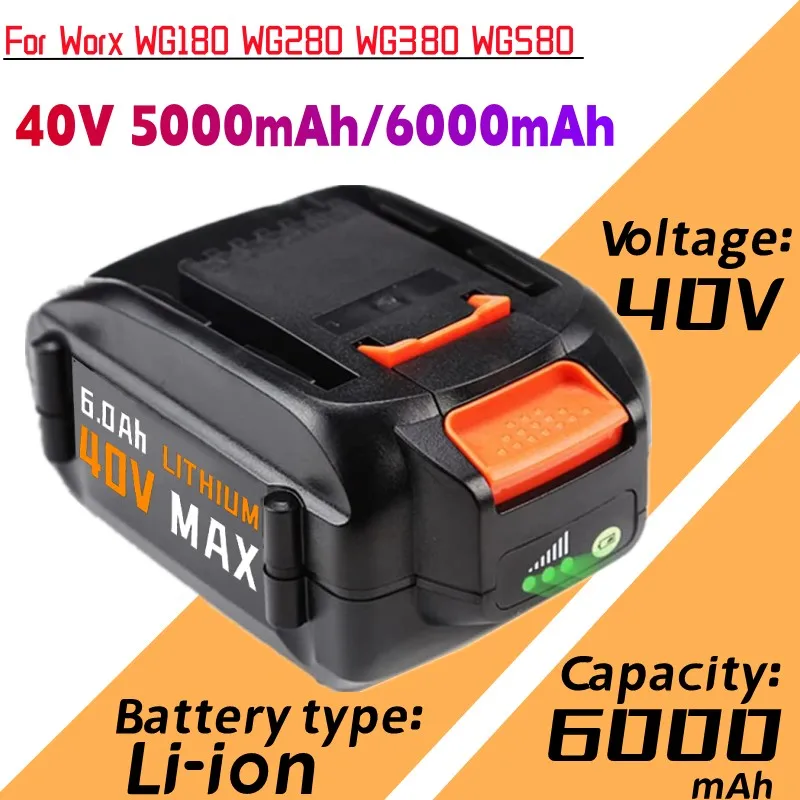 

40V 4.0/5.0/6.0 Ah Lithium Battery for Worx WG180 WG280 WG380 WG580 40V Lawn Mower Garden Device