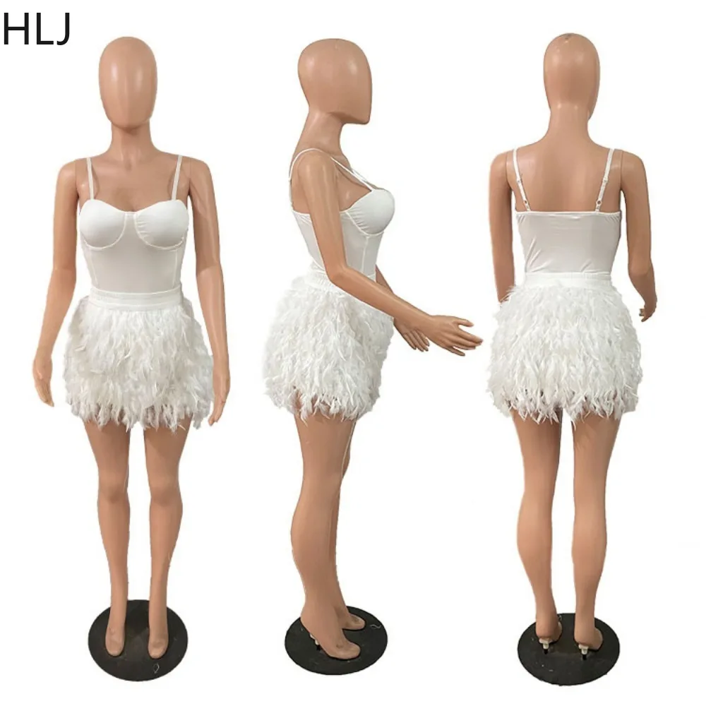 HLJ Fashion Feather Mini Skirts Two Piece Sets Women V Neck Thin Strap Bodysuits And Skirts Party Nightclub Outfits Sexy Clothes