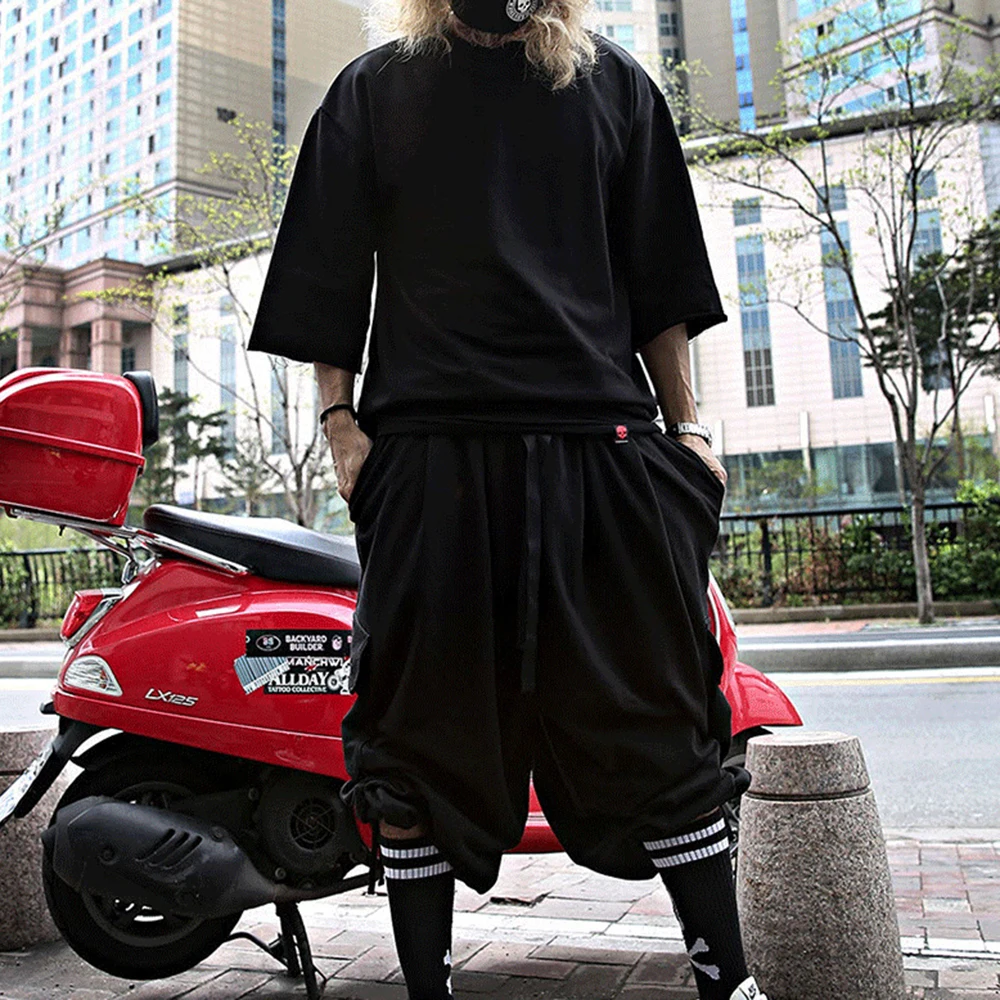 Street Hiphop Casual Suit Summer Loose Bboy Two-piece Retro Solid Color T-shirt Jacket Skateboard Overalls Trousers Streetwear