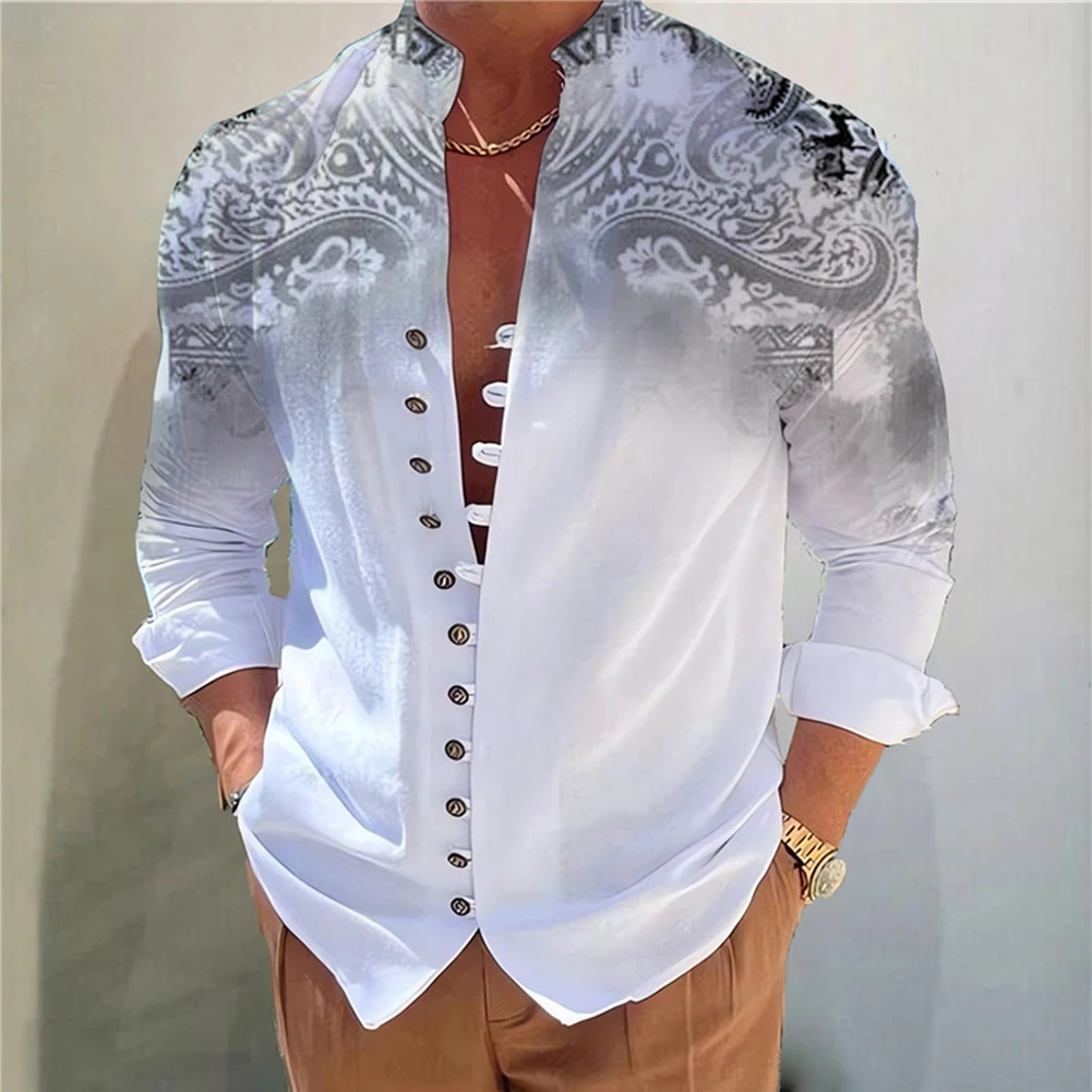 

Men Autumn Casual Vintage Print Loose Standing Collar Long Sleeve Button Down Tops Blouse Dress Shirt British Men's Shirt