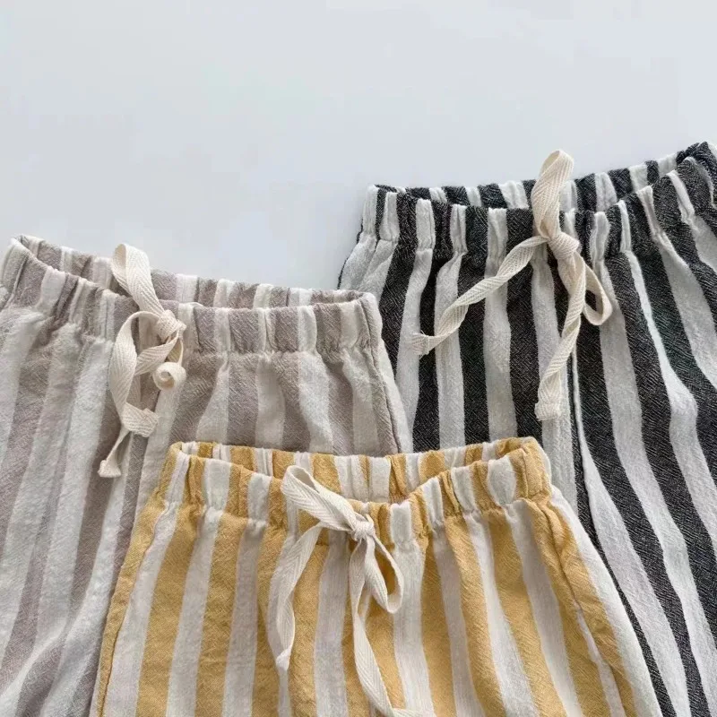 Vintage Linen Cotton Stripe Pants for Boys Casual Pocket Design Elastics Waist Pants for Toddler Girl Clothing Children Trousers 5