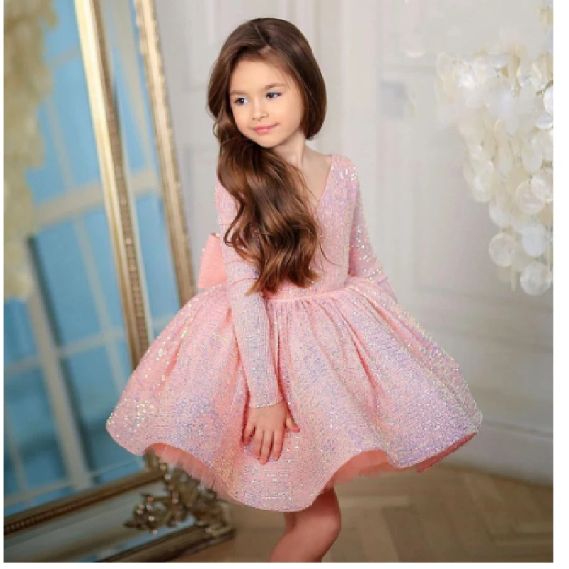 

Lovely Pink Sequin Baby Girl Dress Lace Tulle Flower Princess Bow Long Sleeves First Communion Gown For Girl Birthday Kids