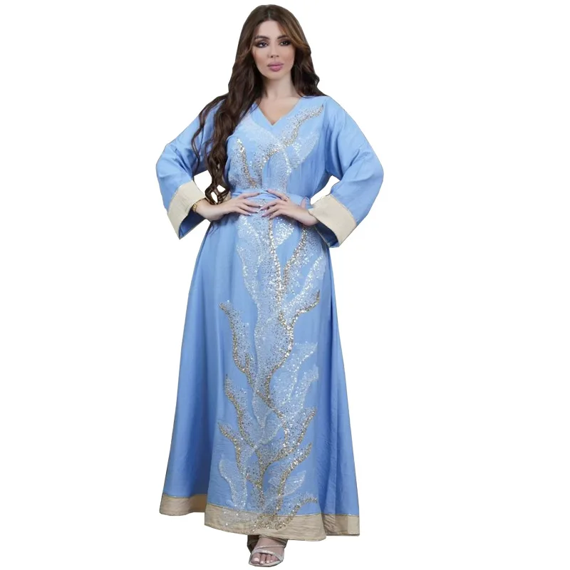 Abaya Muslim Fashion Mesh Diamonds Patchwork Full Sleeve V-Neck Belted Clothing Casual Loose Moroccan Women Long Dress