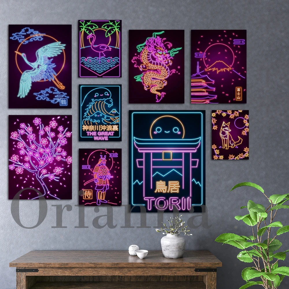 Poster D'Arte Giapponese Dragon Samurai Sakura Tree Tsuru Bird Koi Carp Mount Fuji Fox Flamingo Torii Cat Great Wave Print Home Decor