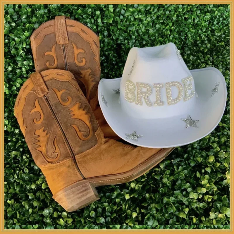 Western Cowboy Hat Bride Letter Stars Diamond Tiara Cowgirl Cap Costume Cosplay Party Play Dress Up