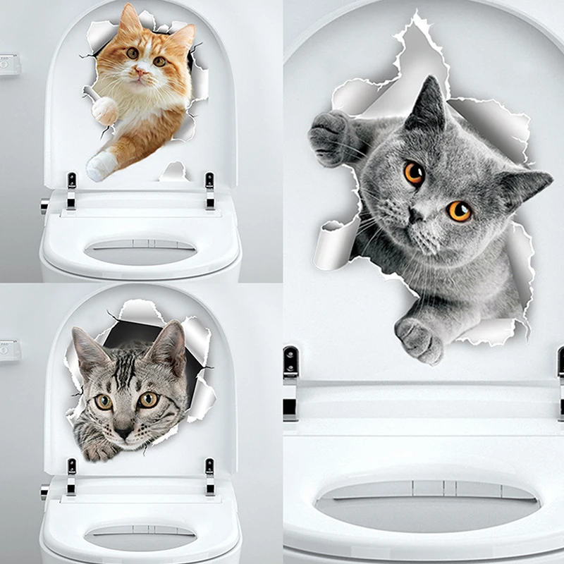 3D Kitten Toilet Seat Stickers Decals Waterproof Peel & Stick Restroom Animal Decals Decor for Bathroom Washroom