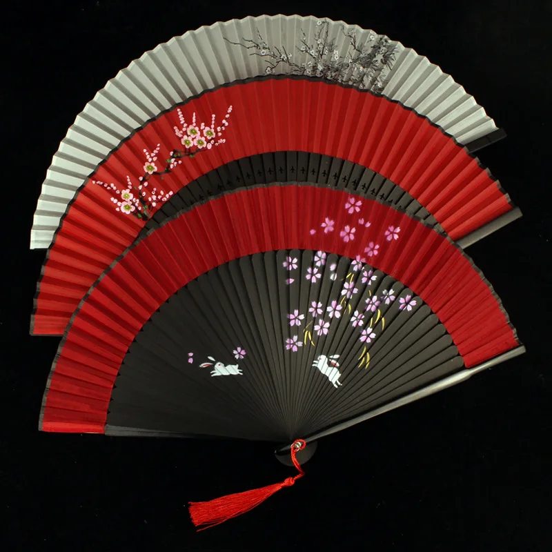 Handheld Fan Sakura Printing Folded Fans Spun Silk Bamboo Hand Held Props for Dancing Cosplay Home Office Wall Diy Decoration