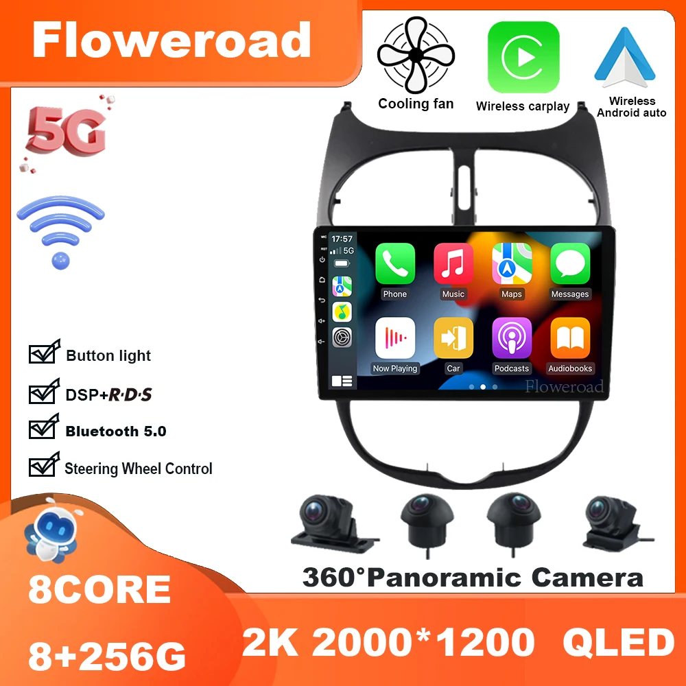 

9 Inch Android 13 For Peugeot 206 1998-2012 Car Radio Multimedia Video Navigation stereo GPS Carplay Android Auto BT5.0 5GWiFi