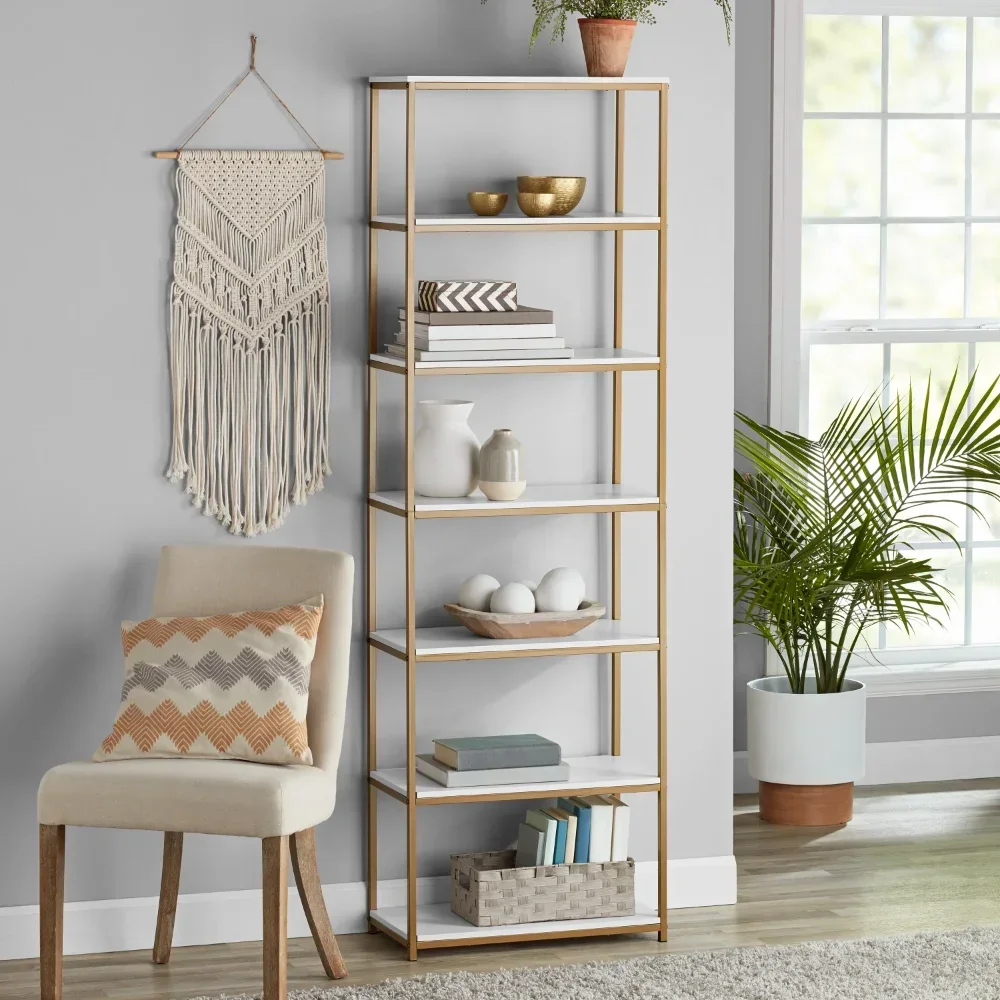 

6-Shelf Gold Metal Frame Bookcase, White