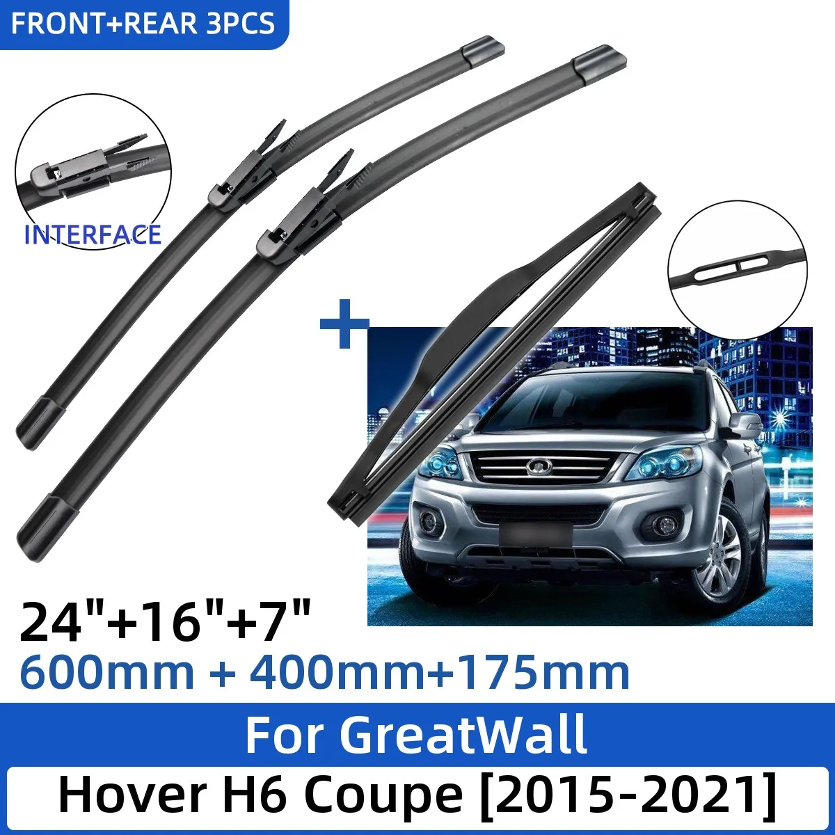 

Щетки стеклоочистителя для GreatWall Hover H6 Coupe 2015-2021 24 + 16 + 7 дюймов, 3 шт.