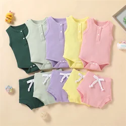 Ensemble 2 pièces pour nouveau né fille et garçon de 0 à 24 mois, en coton doux, couleur unie, barboteuse sans manches, short à taille élastique 