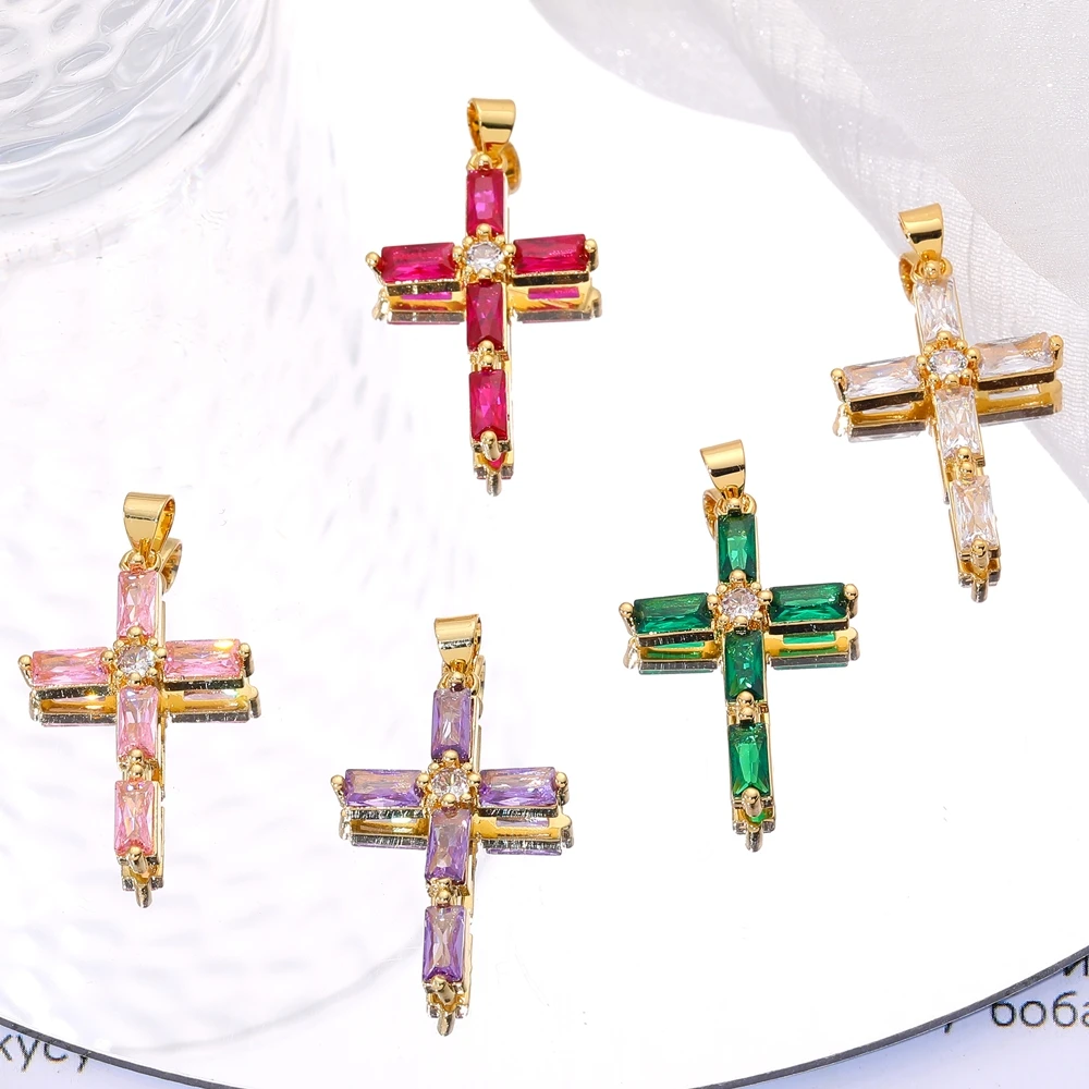 Juya 18K echtes Gold vergoldet religiöser Rosenkranz Schmuckzubehör handgemachte Zirkonia christliche Kreuz Charms Anhänger Großhandel