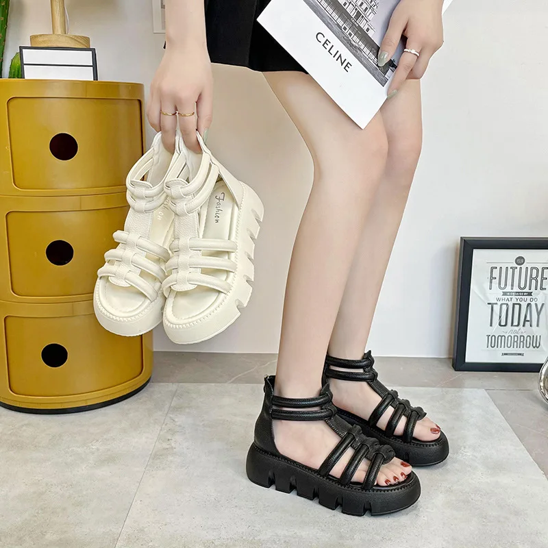 

Roman Sandals Female Shoe Strappy Heels Slip-on Loafers Summer Women's Cross Muffins shoe Round Toe Gladiator Girls Elastic Ban