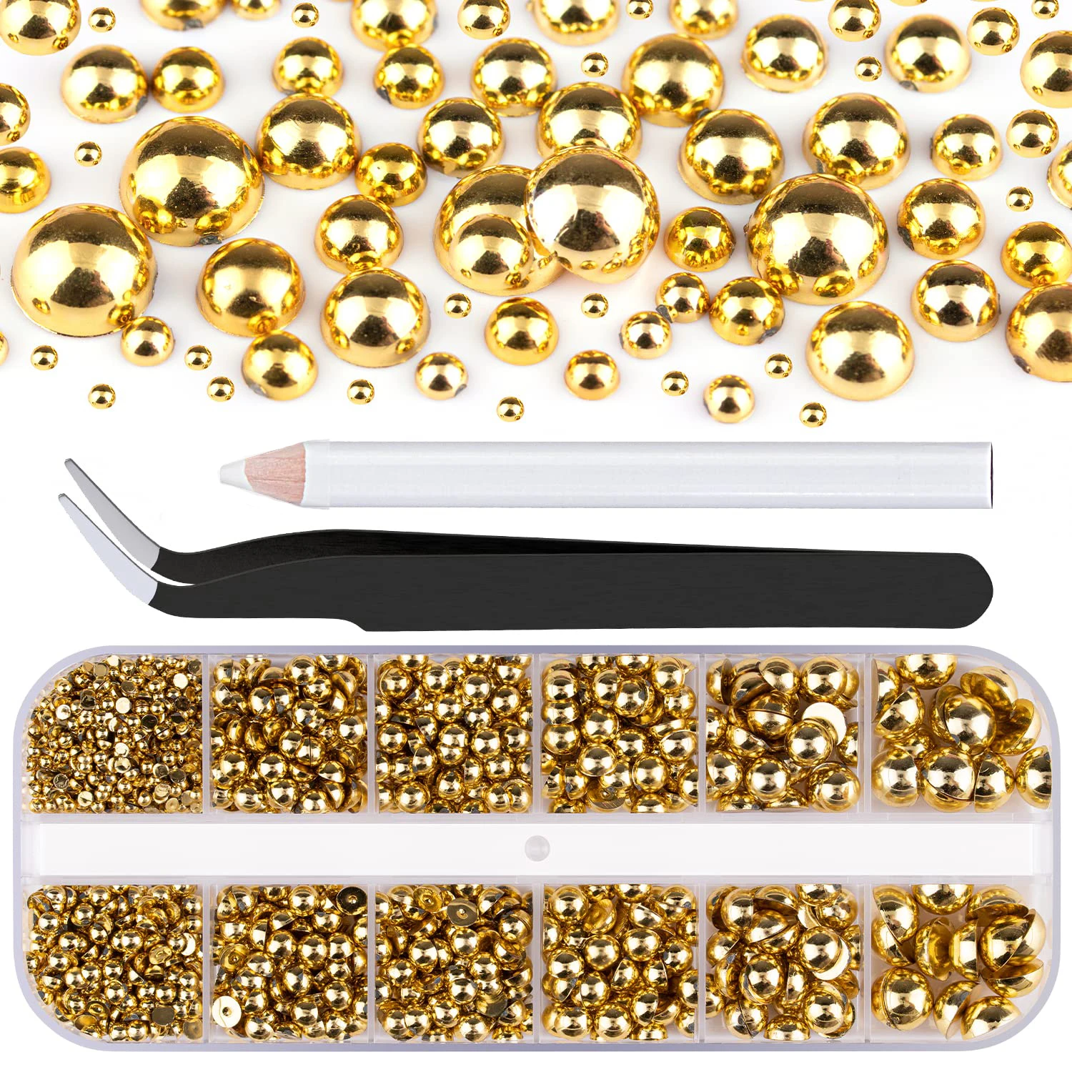 12칸 반짝이는 골드 하프 라운드 네일 젬 참 믹스 1.5-5mm 플랫백 네일 캐비어 비즈 페이스 바디 메이크업 (픽업 펜, 핀셋 포함)