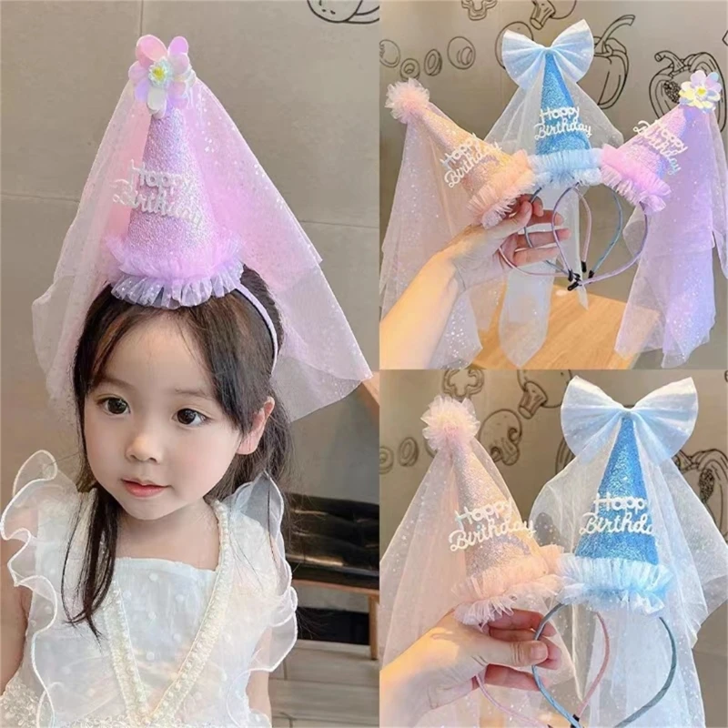 

MXMB Prom Dress Up for Princess Girls Cone Hat with Veil Birthday Dress-Up Photo Props Elegant Princess Costume Accessories