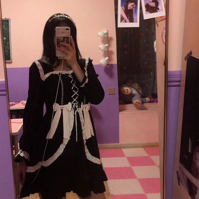 Lolita Costume Japanese Maid Cosplay Black and White Patchwork Anime Bow Tie Ruffle Mini Dress Loli Clothes Halloween Party CLub