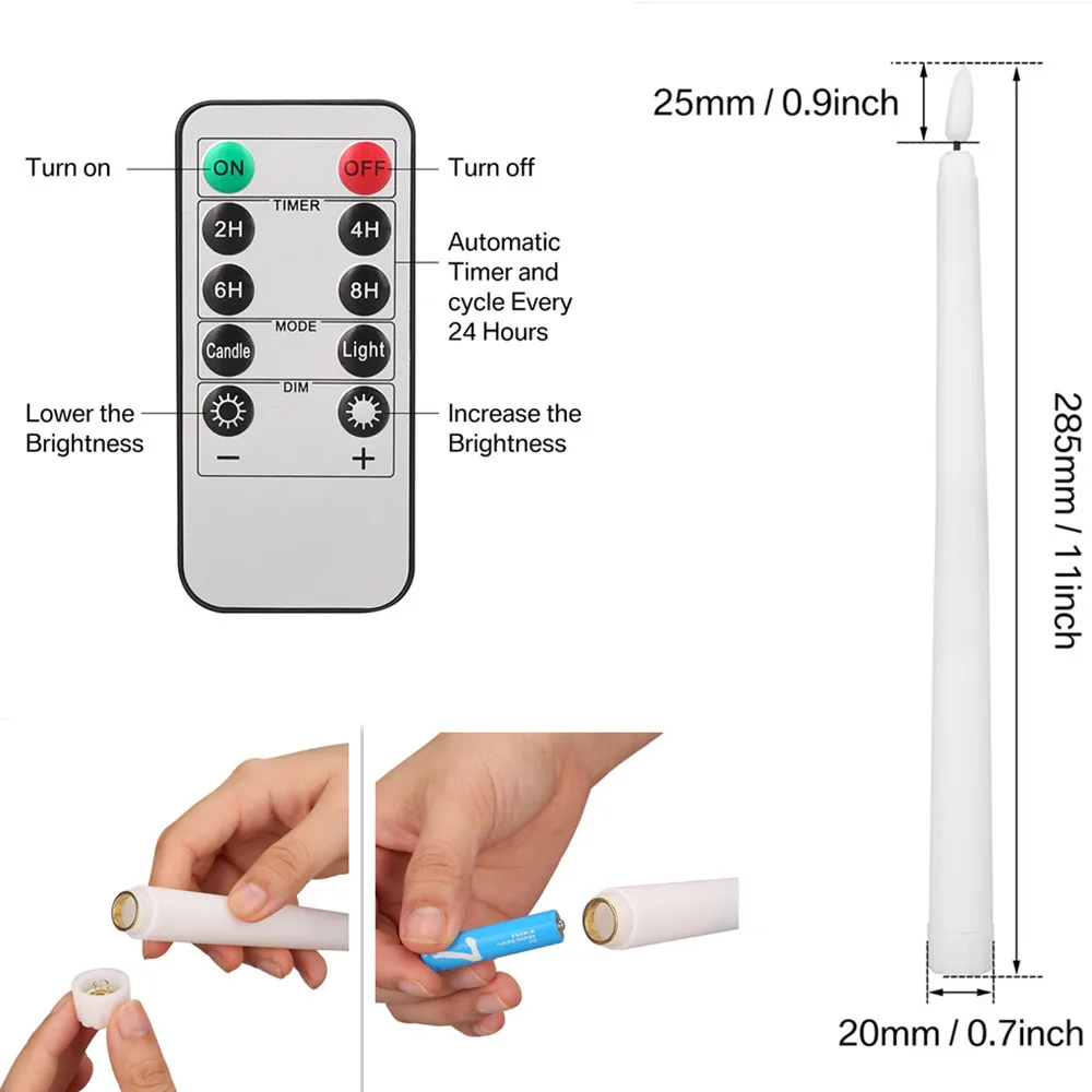 LED Flameless Taper Candles 11" Battery Operated with 10-Key Remote Christmas Home Wedding Decor