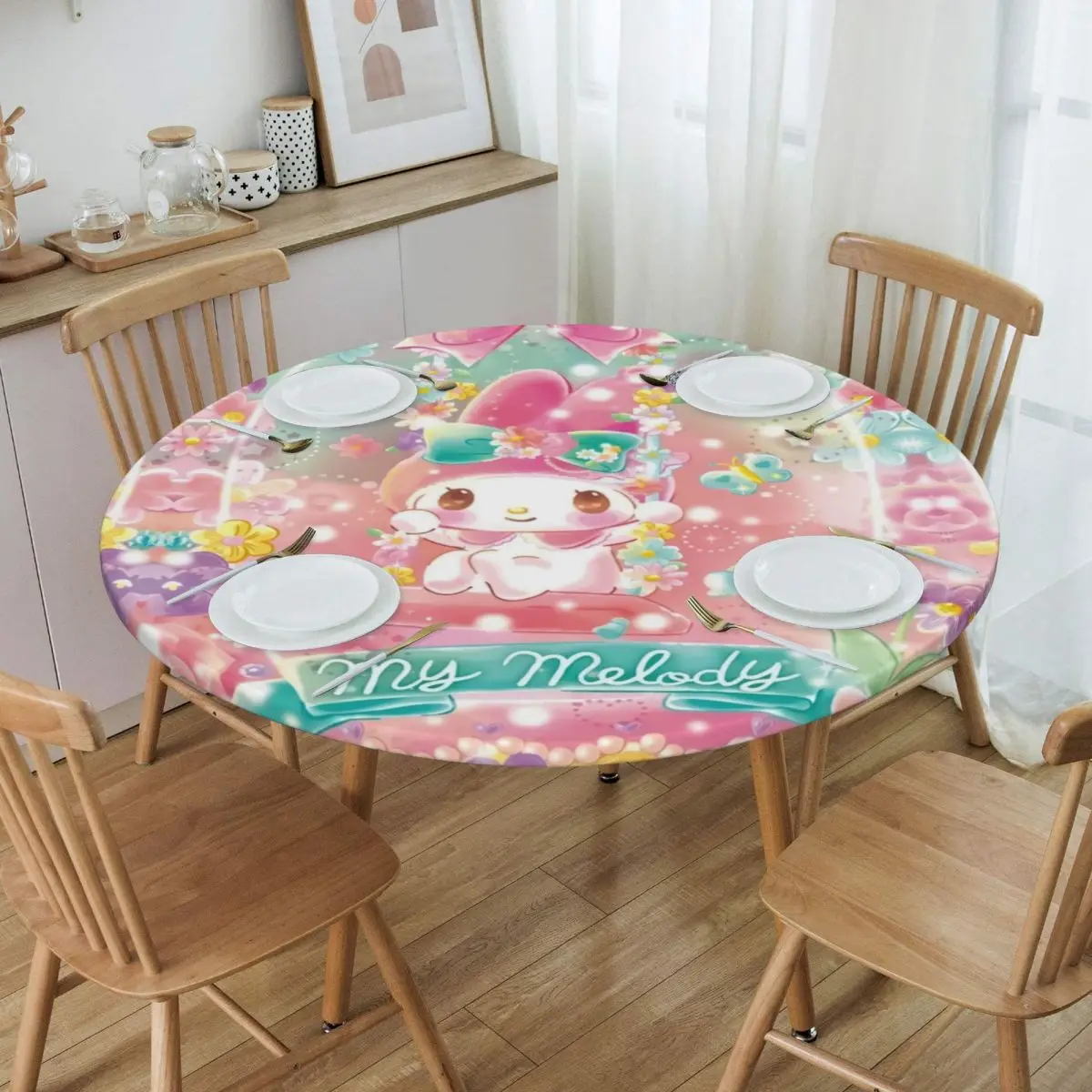 

Пользовательская круглая маслостойкая мультяшная моя мелодия Sanrio, японское аниме покрытие для стола, искусственная ткань, задний край, скатерть для пикника