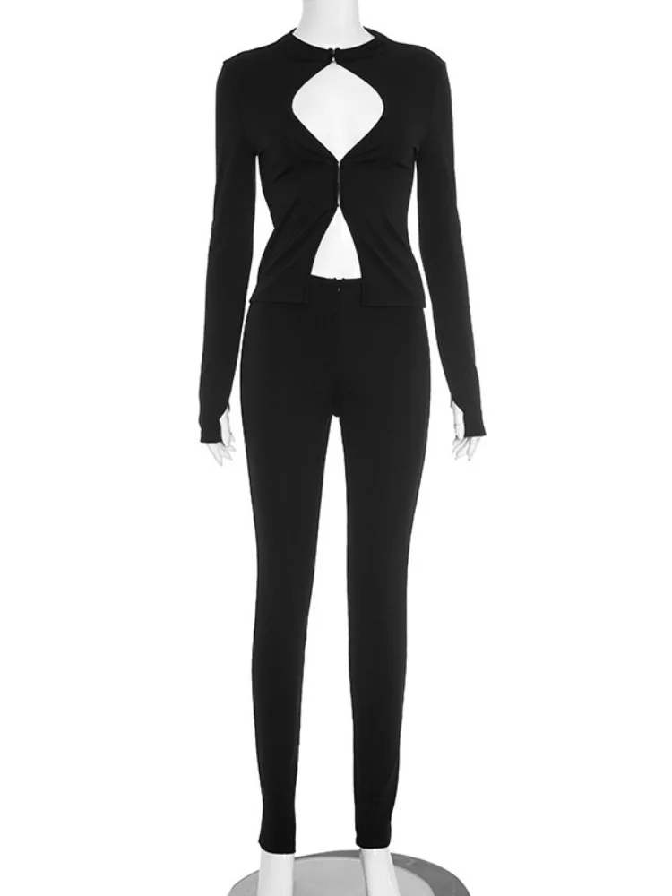 Wmstar Two Piece Sets Wholesale Sexy Tight Pants Sets with Hollowed Out Hook Button Top Zipper Pants and Trousers Drop Shopping