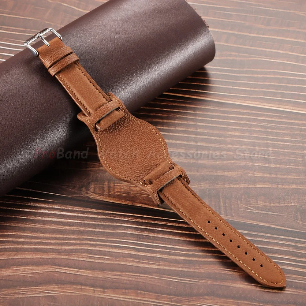 Elegant Genuine Leather Watch Straps with Retro Bund Pad in Black and Brown