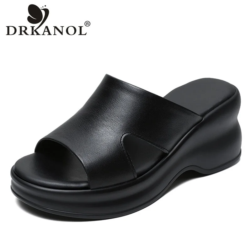 

DRKANOL Slippers Women Summer Wedges Heel Height Increasing Slip On Open Toe Slippers Ladies Genuine Leather Platform Slides