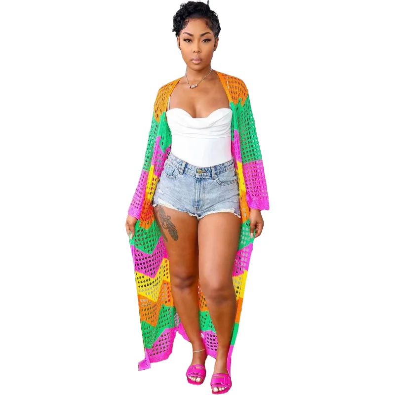 Colorful Knitted Hollow Beach Cover Ups for Women Casual Swimsuit Long Kimono Cardigan with Belt Loose Beachwear Outfits