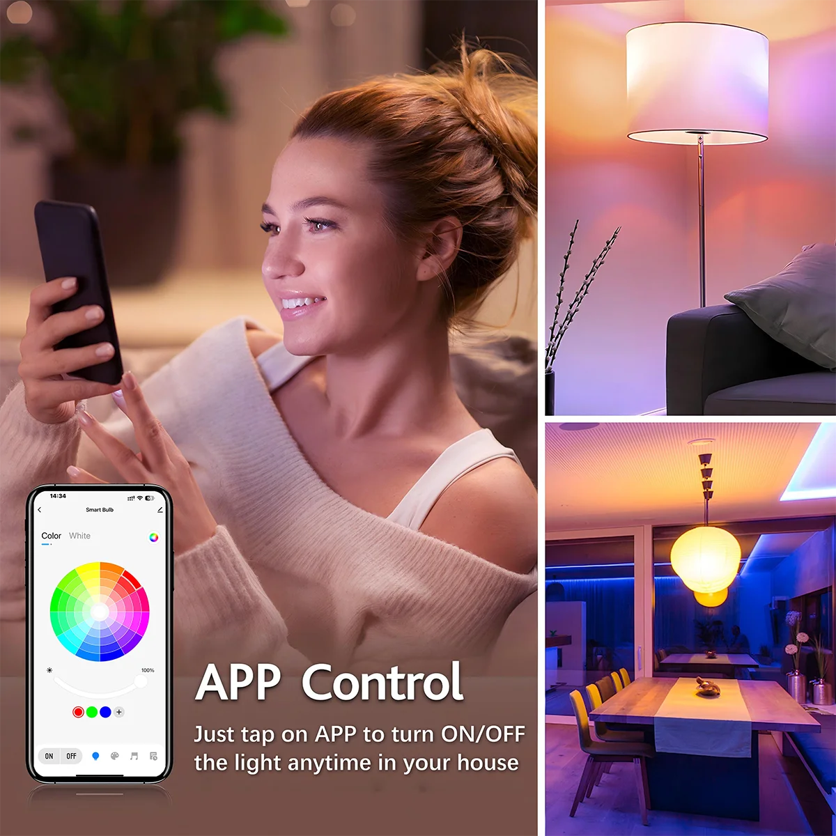 4pcs, RGBCW Smart Light Bulbs, Color Changing Dimmable Bulbs with Music Sync & App Control, Smart Home Lights for Bedroom.