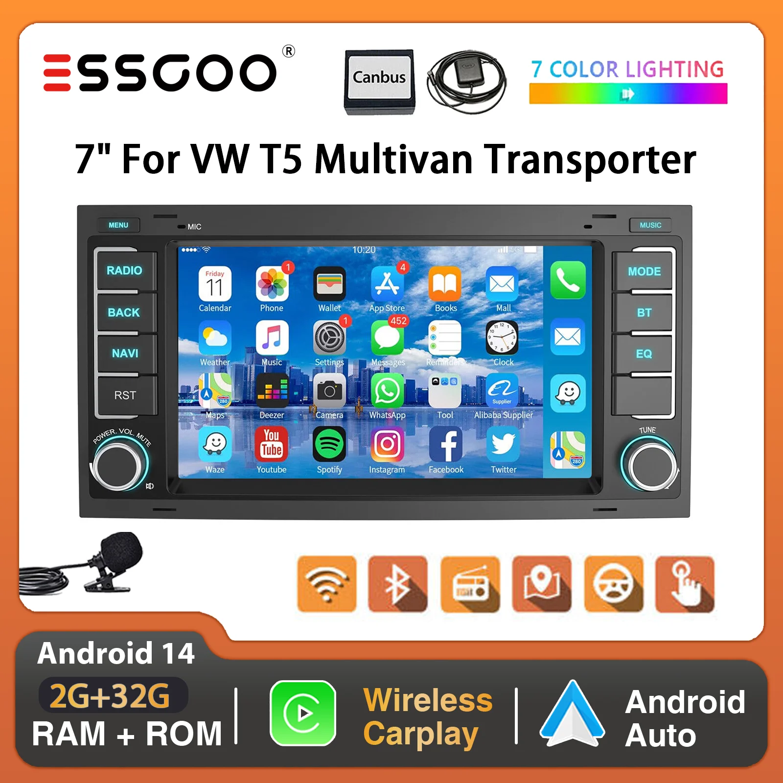 ESSGOO 7 "Display Android 14 Für VW T5 Multivan Transporter Drahtlose Carplay Androdi Auto GPS Nav WiFi BT RDS BT SWC Spiegel Link