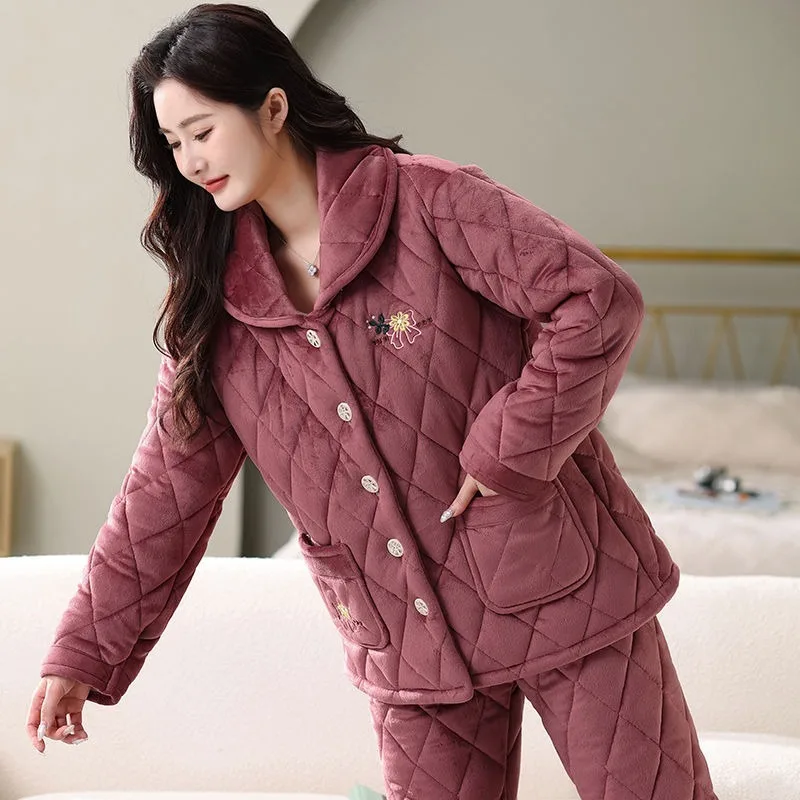 Middle Age Elderly Coral Velvet Pajama Ladies Winter Thick Fleece Sleepwear Three-layer Padded Cotton Mom Flannel Loungewear Set