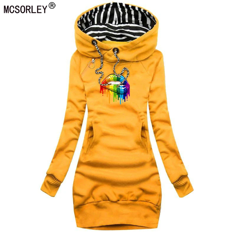 

2021 Autumn and Winter Woman's Sweatshirt Dress Kiss Lip Pattern Female Loosen Fleece Thicken Warm Hoody Tops Lady Fashion