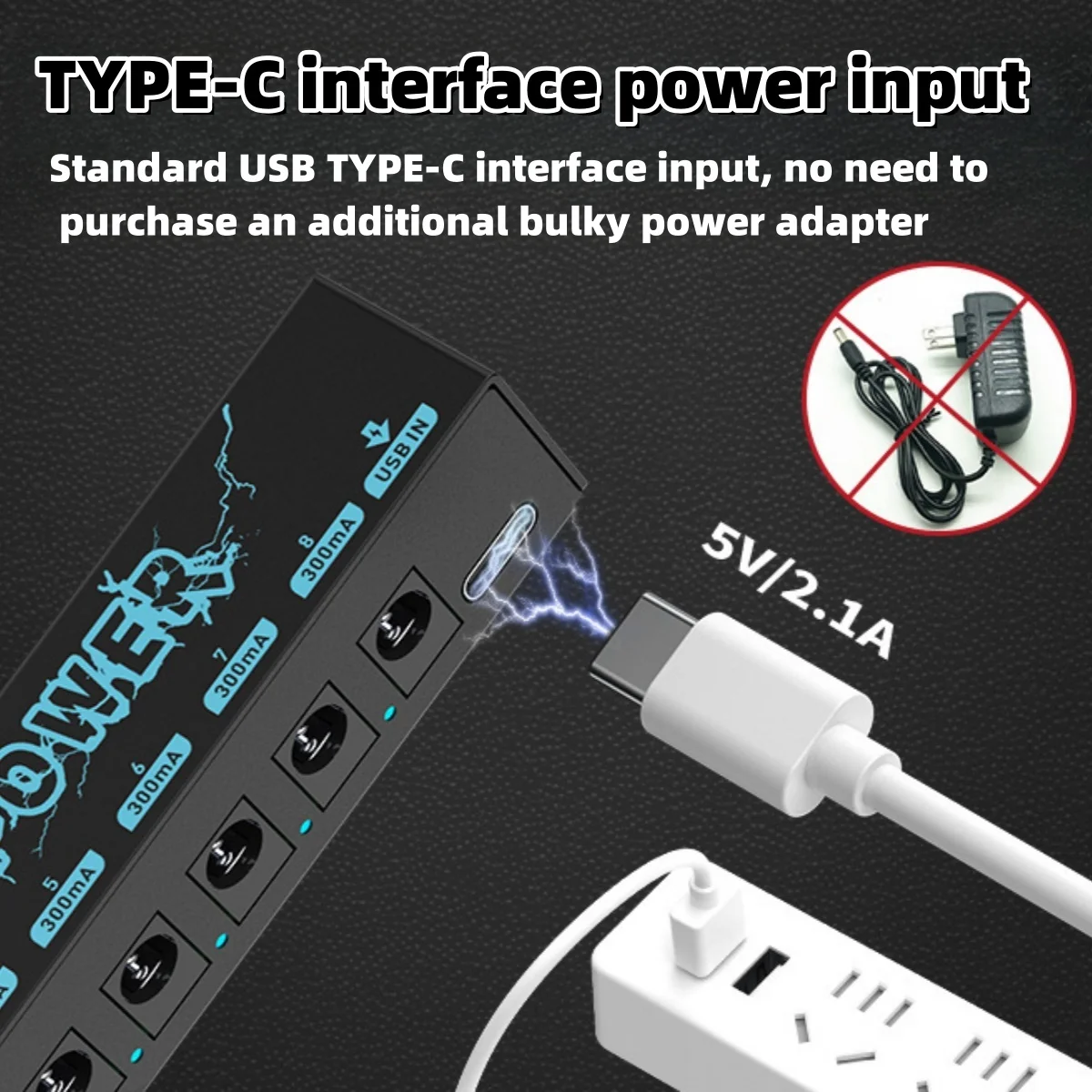 Guitar Pedals Power Supply 5V/2.1A with 8-Channel DC Output and USB Port for 9V Effect Pedals