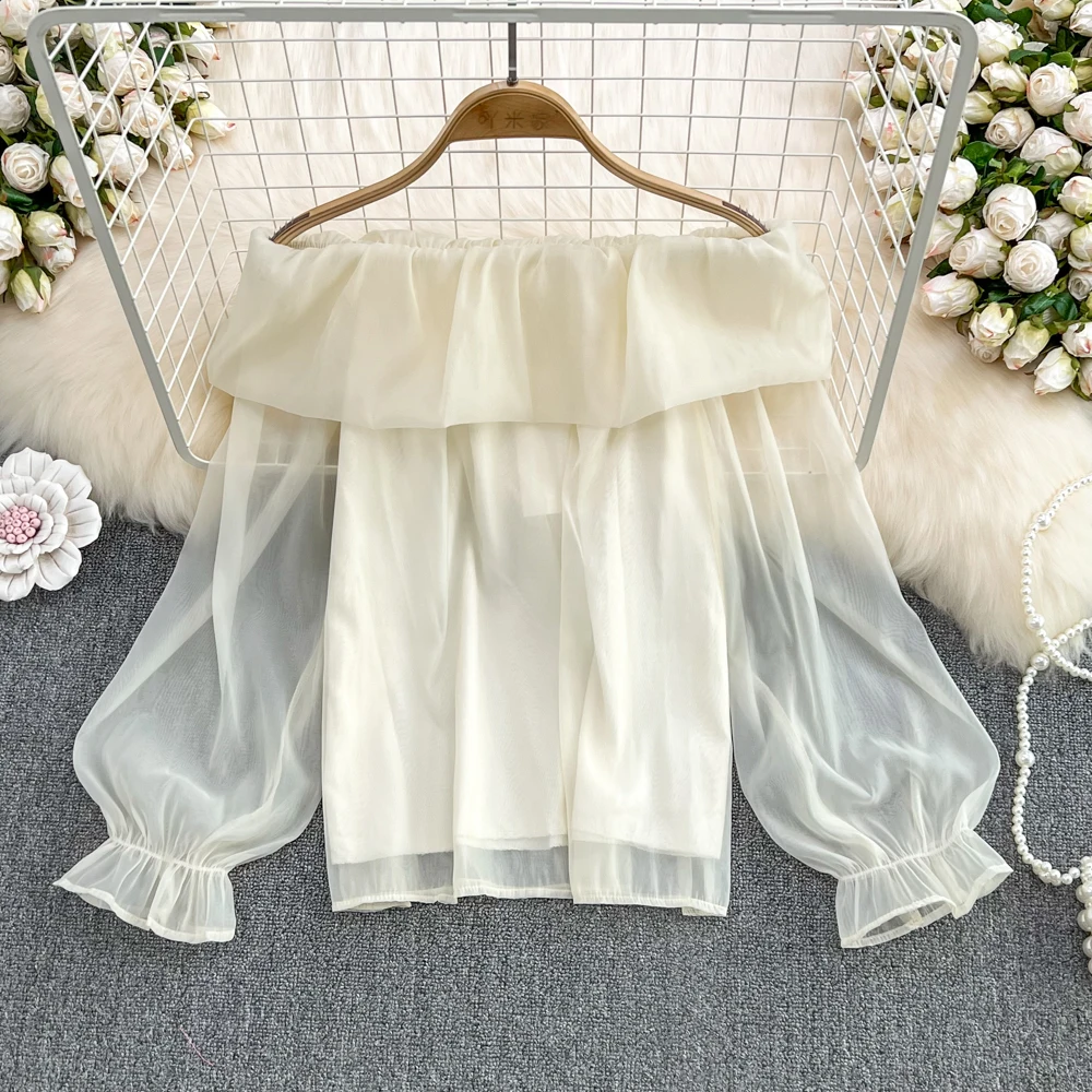 

Off Shoulder Exposed Shoulder Lotus Leaf Edge Loose and Thin Pullover Chiffon Blouse Women's 2022 Spring Foreign Style Blouse