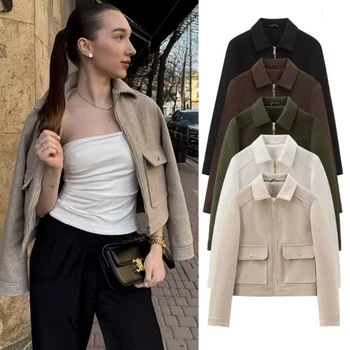 Veste à fermeture éclair pour femme, manteau d'hiver à manches longues avec poches, manteau court de rue élégant pour femme, nouvelle collection