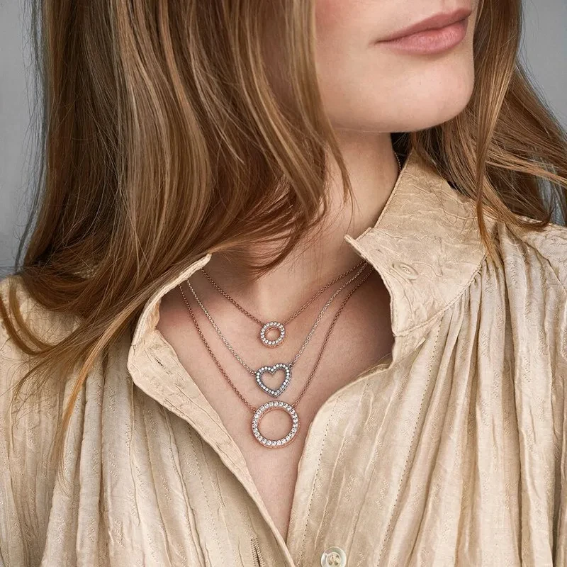 New Women's Necklace Pav é Dense Set Sparkling Zircon Round Necklace% 925 Sterling Silver Fashion DIY Charm Jewelry Gift